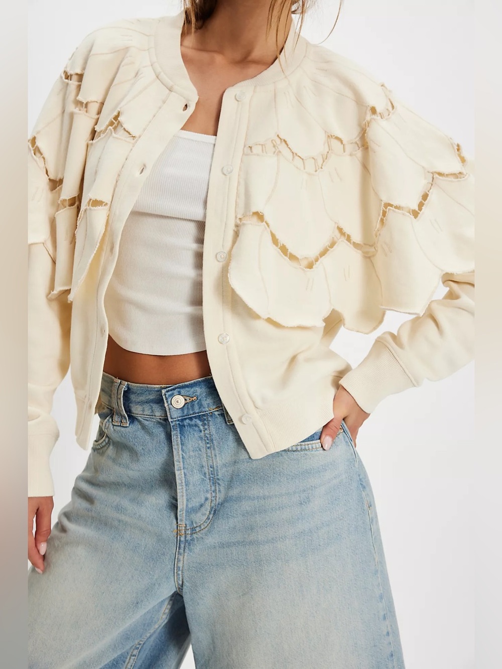 Free People Fluttercape Sweatshirt Cream Ruffle-Detail Cardigan Jacket M
